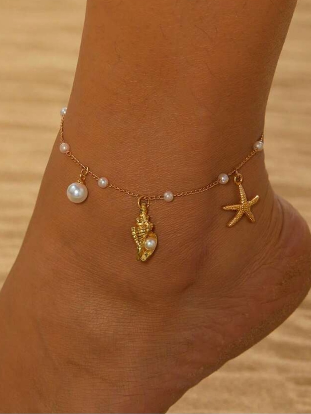 Gold Pearl Seashell & Starfish Anklet by